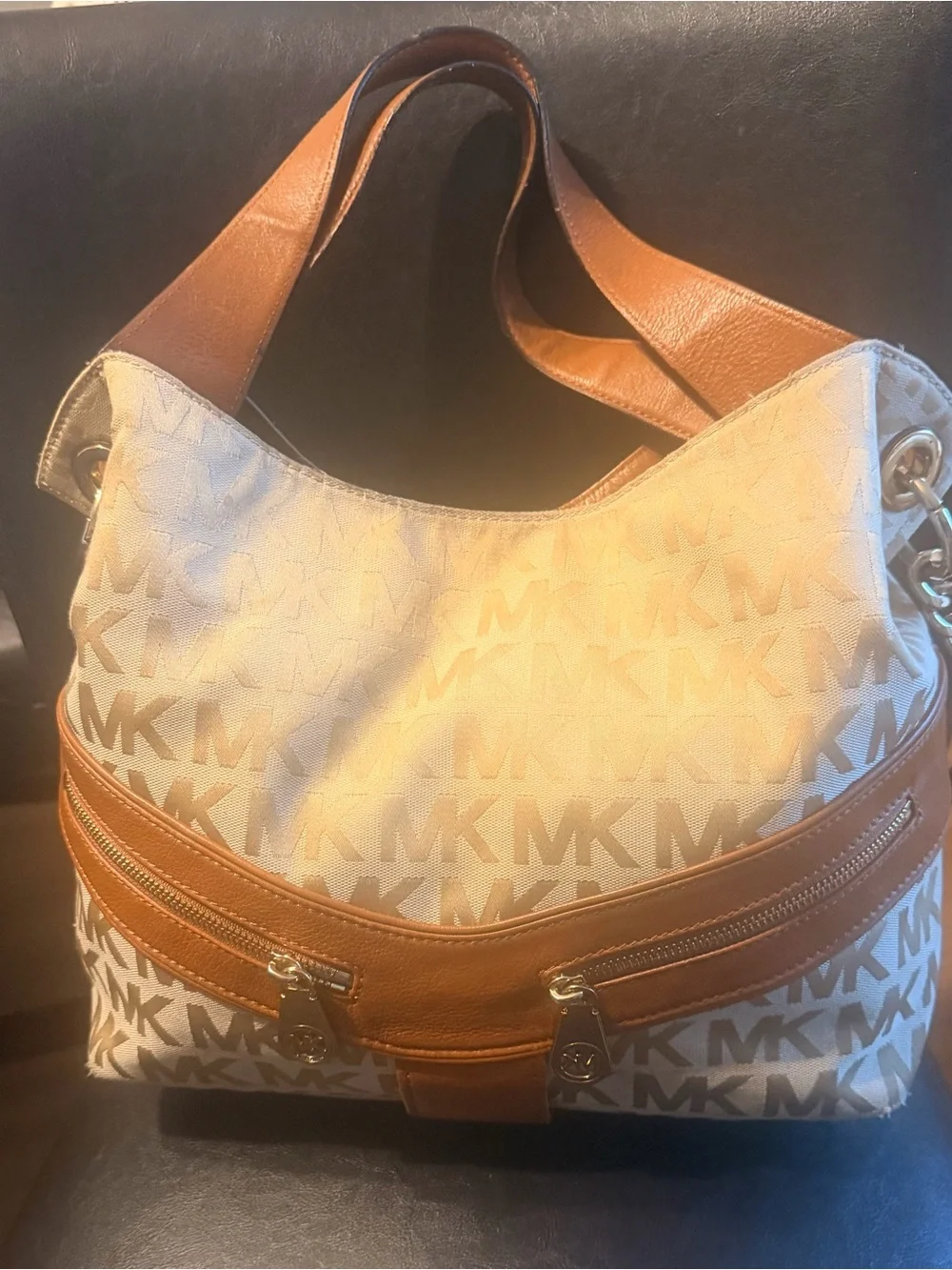 Michael Kors Jamesport Cream and Tan Logo Hobo Bag